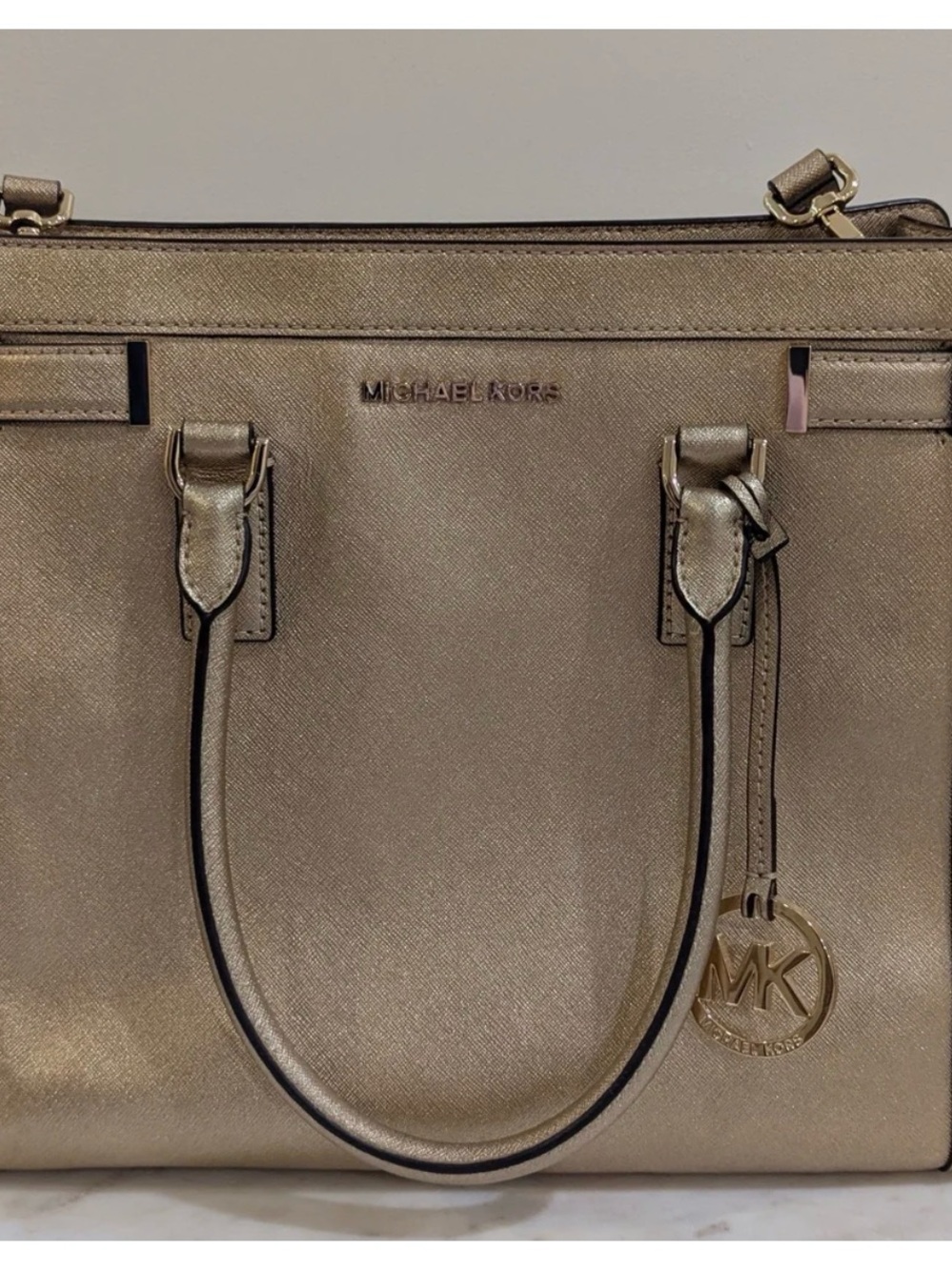 Michael Kors Metallic Gold Saffiano Satchel with MK Charm